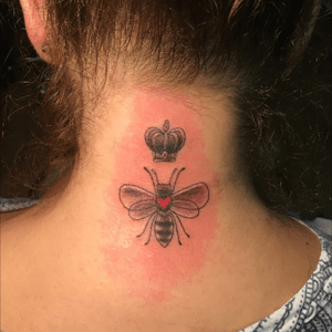 Queen Bee, because its my initial, also from where i come from, i am the quuen bee of my hive! By Yana at Lucky Dog Tattoos