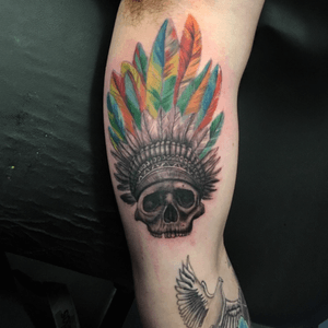 Indian inner bicep skull with water colour feathers 💉