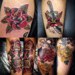 Flowers are provably my favorite thing to tattoo #flowers #floraltattoo #traditional #rose #chrysantehmum #peonie #dagger #anericana #americantradional 