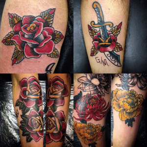 Flowers are provably my favorite thing to tattoo #flowers #floraltattoo #traditional #rose #chrysantehmum #peonie #dagger #anericana #americantradional 
