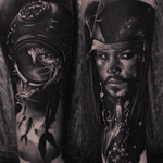 Sleeve in Progress, #pirates #blackandgrey #blackandgreytattoo #blackandgreyrealism #blackandgreyportrait #blackandgreyartist #johnnydepp #portrait #portraittattoo 