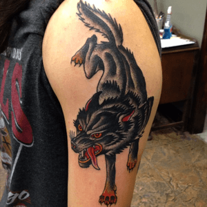 First tattoo by Jake Miller @cathedraltattoo in slc, UT. I have an identical but white wolf on my other arm. 