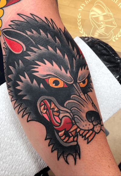 Traditional wonky wolf Seven Swords Tattoo Company - Philly #Traditionaltattoo #Traditionaltattoos #tattooing #mykechambers #oldschooltattoos #oldschooltattoo #tattooer #colortattoos #tato #tatto #tatoo #tattos #philadelphia #philly #phillyart #sevenswordstattoocompany #eternalink #besttraditionaltattoos #cleanandbold #classictattoos #criticalsupply #sstc #mykechambers @sorrymomtattoo aftercare #sorrymomaftercare #WeAreSorryMom #SorryMomUSA #mykechambers 