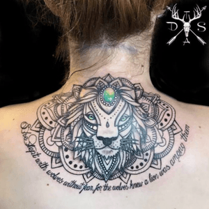 Lion and mandala neck/shoulder piece,  done by DannyScottTattooArtist