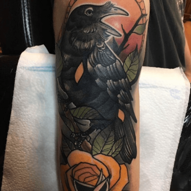 Traditional Raven  Roses Tattoo by Douglas Grady