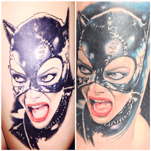 An in progress shot and a finished shot of #catwoman done by #bobbycupparo in #nj #NJtattoos #SelinaKyle #MichellePfieffer #batmanreturns
