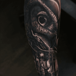 Realism sleeve progress by Dean Taylor, with this owl/forest forearm piece #realism #owl #DeanTaylor #sleeve 