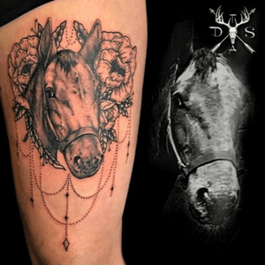 Peony and horse portrait on my cousin's thigh, done by DannyScottTattooArtist