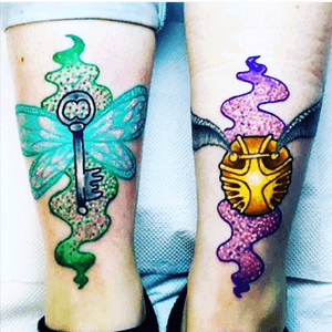 The lovely #SamanthaPixieRobson did these beauts in my lower shin/ ankle #ankle #HarryPotterTattoos #goldensnitch #flyingkey 