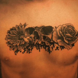 #chest #skull #flowers #rose #blackandgrey 