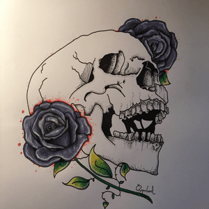 Dotwork skull and purple roses