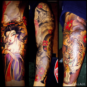 Japanese sleeve by @alfonsoharte #geisha #tiger #japanesetattoo #cherryblossomtattoo 