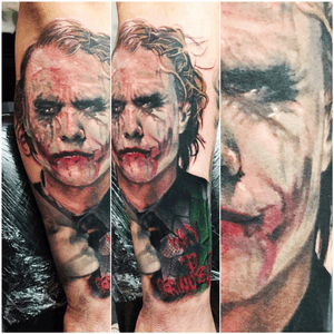 Heath Ledger's 'The Joker' portrait done by Sam Janbi at Apollo Arts Tattoo in Leigh, UK #HeathLedger #TheJoker #Batman #Colour #ColourPortrait