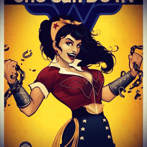 I was thinking of doing a DC sleeve. Now I am content with saving up to do so! I would really love this Wonder Woman Bombshell piece as a tattoo. I would like for her to be on my upper arm (Left) about 6 inches tall (no lettering and maybe a smokey background.) The "She Can Do It" is just a reminder that women are capable of doing anything, equality is everything to me.  Wonder Woman has always been my idol since I was a young girl. It would mean  the world to me to get this. #megandreamtattoo 