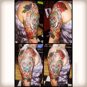 Newest one, finally got colored #sugarskull #roses #colorful 