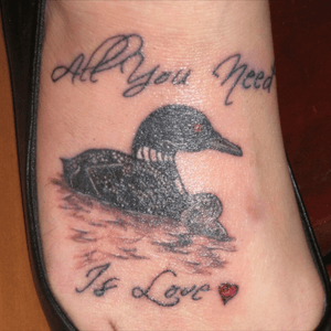 6th tat-Loons for Mom and I as there is a Momma and baby Loon and "All you need is love" because The Beatles are the best. #loons #thebeatles #blackandwhite #red 