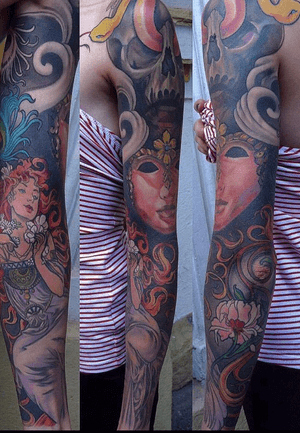 Alphonse Mucha painting Jeff gogue art sleeve tattoo #AlphonseMucha #mucha #sleeve #sleevetattoo #color #painting #drawing 