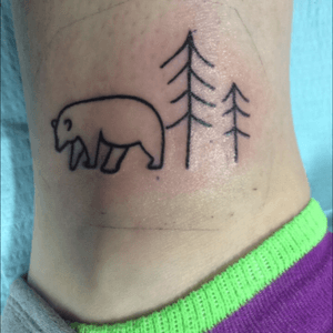 Minimalistic bear and pine trees ankle tattoo #minimalistic #bear #trees #blackline #ankle #ankletattoo 