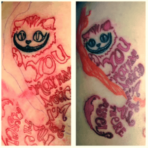 One pill makes you larger and one pill makes you small, and the ones that mother gives you don't do anything at all. #goaskalice #WhiteRabbit #AliceinWonderlandtattoo #chesirecat #wereallmadhere #colortattoos 
