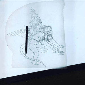 Sketch of Flying Monkey from Wizard of Oz holding the Ruby Red Slipper by Elliot Bowes in Copenhagen. My tattoo crush.