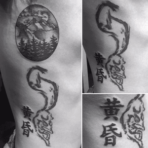 Fresh landscape (distorted from the location) and fresh kanji next to healed sumi fox