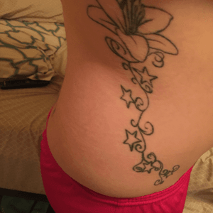 Part one. Still need to add color and another flower. My family tattoo. The stars are my parents, siblings and myself. The flowers are going to be for my nieces