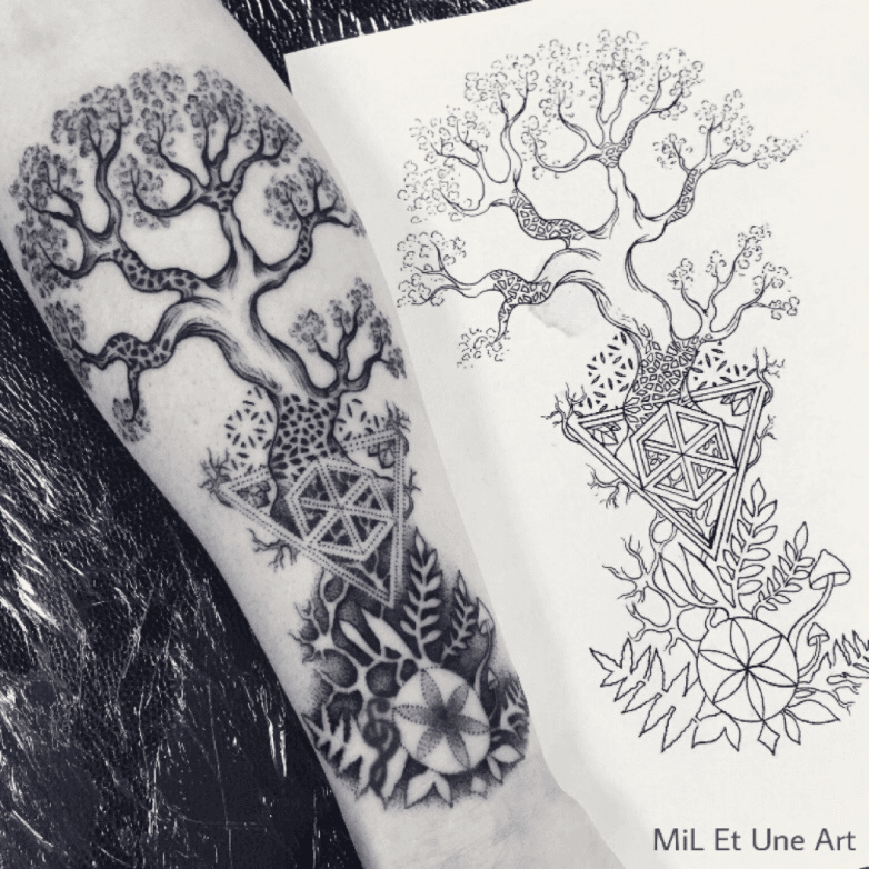 Tattoo uploaded by Obi  NINA s left sleeve done over 5 consecutive days   incorporating sacred geometry  tree of life  shape of DNA  fibonacci  curve etc  need