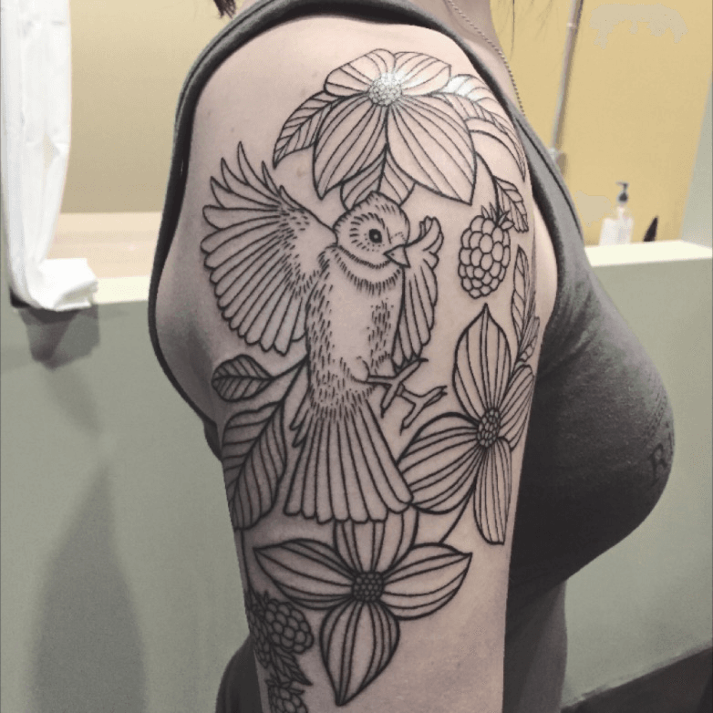 Tattoo uploaded by Elizabeth Klein • First session 12/7/2016. Dogwood flowers, wild blackberries, and a tufted titmouse by Kelly Killagain of 777 Tattoos in Manahawkin, NJ #kellykillagain #linework #lineworktattoo #bird #birdandflowers #dogwoodflowers #