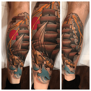 Traditional ship leg sleeve done by @grant_tattoos