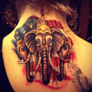 Dedicated to my 3 children... They are 1/2 Laotian & 1/2 American   3 Elephants are from the old Laos flag, fathers side & of course the American flag for my side. #tattoo #elephants #laos #jessieRix  