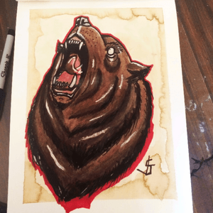 First attempt. #neotraditional #tattooflash #bear #coffeestains #watercolor #spitshade 
