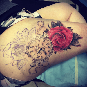 I actually had fallen asleep on the rest of the rose and the outline of the watch. Also, on the face of the watch is my grandpa's time of death: 12:50. #InkPoisonTattoos #DustinSanders #girlswithtattoosdoitbetter