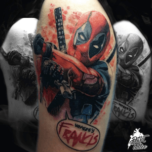 Deadpool on arm. #dskttattoo #deadpool #marvel #cartoon #comic #movie #superhero #portraittattoo #realistic 