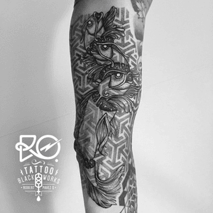 By RO. Robert Pavez • Cosmic Fishes • #engraving #dotwork #etching #dot #linework #geometric #ro #blackwork #blackworktattoo #blackandgrey #black #tattoo #fishtattoo 