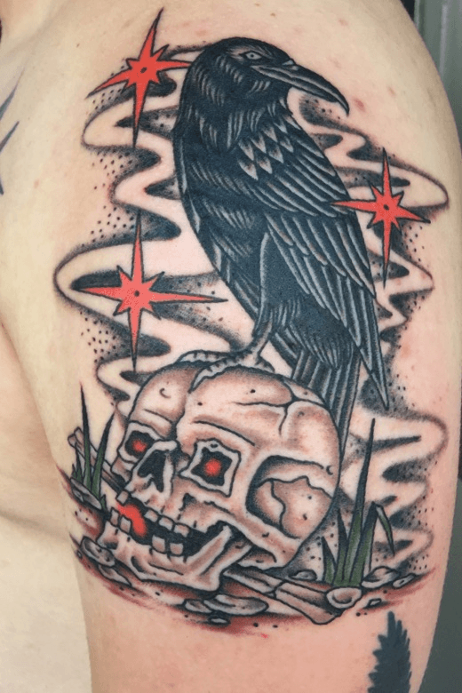 Premium Vector  Tattoo art crow wearing a crown on a skull
