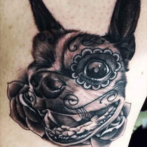 Calavera-inspired portrait of the first dog that I have lost as an adult. I ❤️ Boss. Done by Francisco 'Panchito' Rosales of Kings Tattoos in Dallas, TX. #megandreamtattoo 