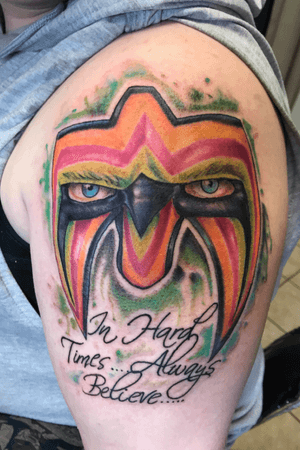 My very first tattoo done by my amazing cousin justin ashley. My tribute to the ultimate warrior abd dusty rhodes.