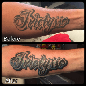 Reconstruction of daughter's name! 👧🏻❤️#tattoo #proudfather #lettering #forearm #refresh #legendrotary #thesolidink #ink #inklegacytattoos