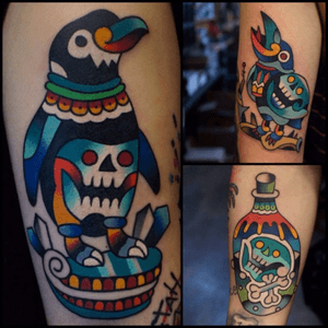 Some of my favorite pieces of #ktattooing #art - #penguin with his awesome #skull work on #ice - #bottle of #poison with #skullandbones - #bird #crow and #skull on a branch -@ktattooing from #gemtattoo in #seoul #southkorea 