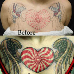 Cover-up by Steve Morris. #coverup #stevemorris #candy #heart #candyheart #chestpiece #chest #wings #swirls 