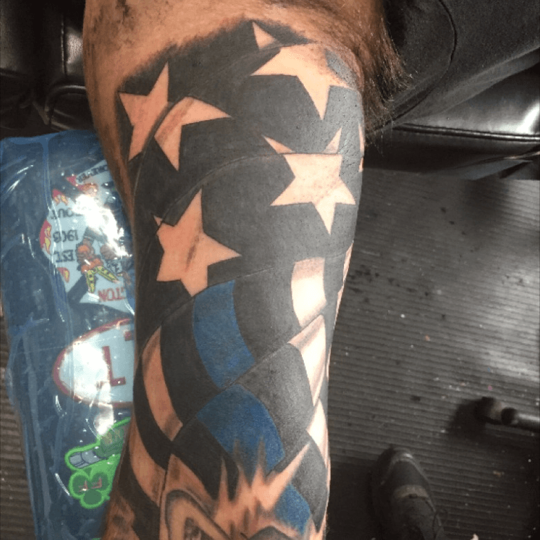 Jhan Gimenez Tattoo  American flag  The Thin Red Line of Courage  represents the last ounce of courage firefighters find deep in their blood  to conquer their darkest fears in order