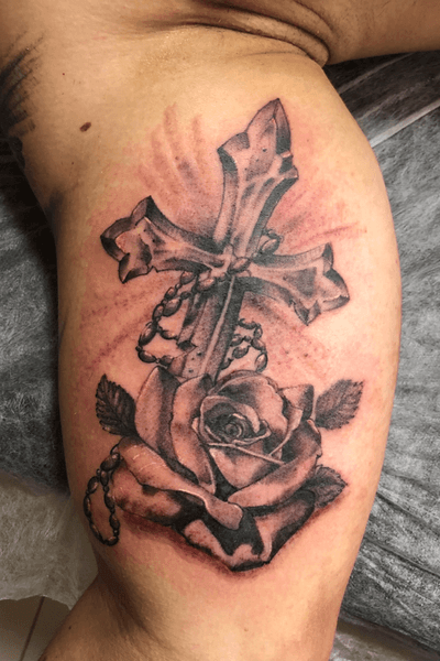 cross with rosary and roses tattoo