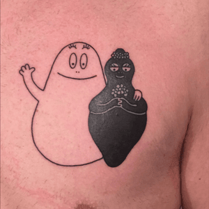 Black and white tattoo from comic Barbapapa by @encremecanique