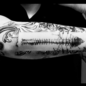 Spinal fusion surgery tattoo #bangbangnyc #oscarakermo #blackandgreytattoo 