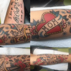 This was a fun day at the shop. Got mu MOM heart and some fun little fillers throughout my arm. Then on my left forearm I have my parents hand writing to always remind me of them #americantradional #mom #heart #dagger #jammers #colors #script 