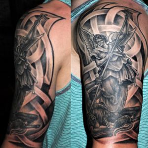 St. Michael Tattoo with Celtic background by The Red Parlour Tattoo #stmichael #celtic #blackandgrey #religious #theredparlour