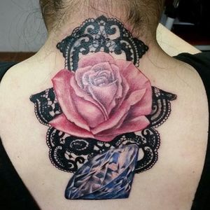 Tattoo by George Doñez #losmuertostattoostudio #losmuertostattoostudiohoustontx #houstonart #houstonink #rosetattoo #lacetattoos #rose #lace
