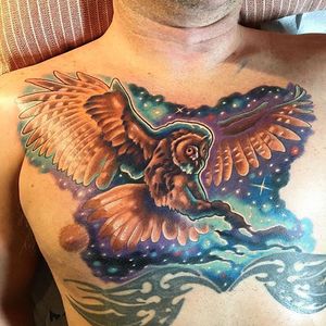 Owl tattoo by Ryan Gatt (ryangattsthirdeye) #owl #night #color #chestpiece #salvationsouthtattoo #ryangatt 