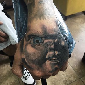 His real name is Charles Lee Ray and he's been sent down from Heaven by daddy to play with me. Chucky Done by kaliftattoos #TillTheEndTattooGallery #TillTheEnd #Miami #chucky 
