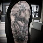 Ship by artist Char McGaughy #blackgreytattoo #pirateship #dallastattooartist #dallastx #art #golddusttattoo #ship #blackandgrey